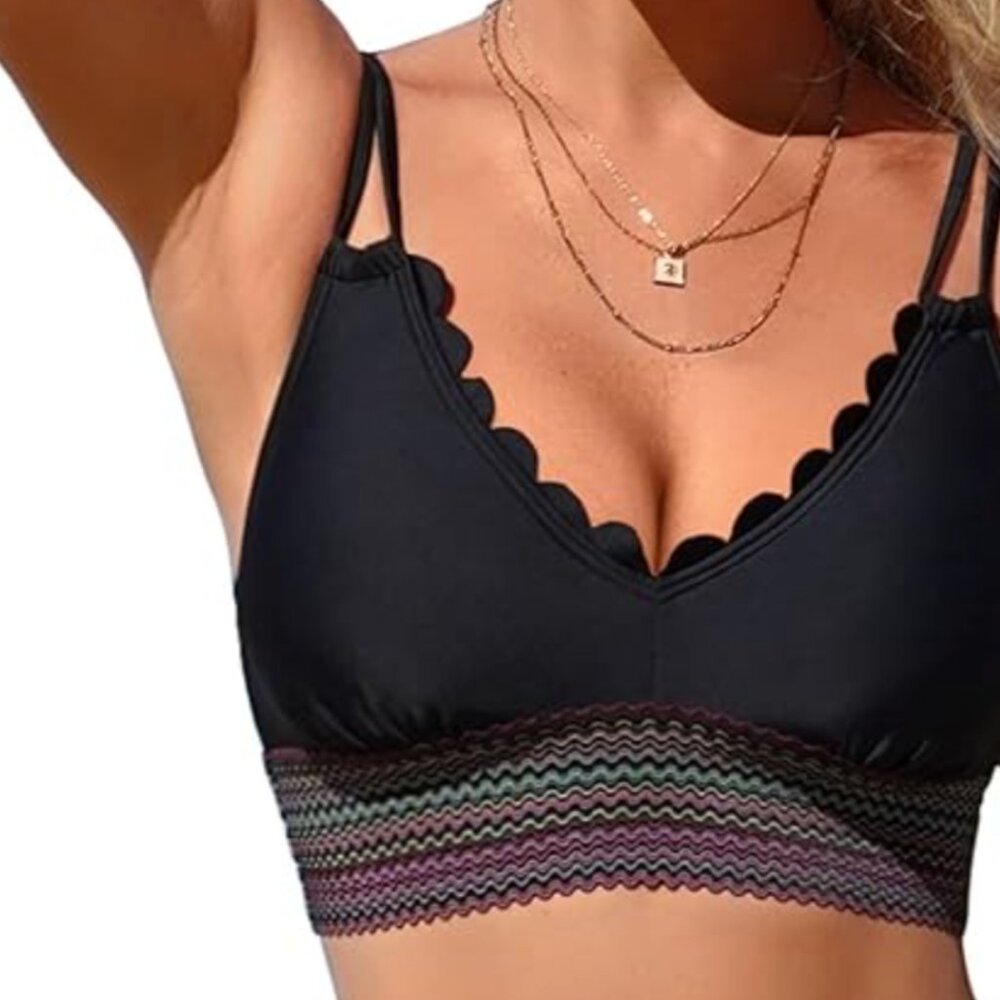 (S) NWT 2  PIECE Scallop Edged Top w/ High waisted bottom Thick Colorful Bands - Picture 2 of 14